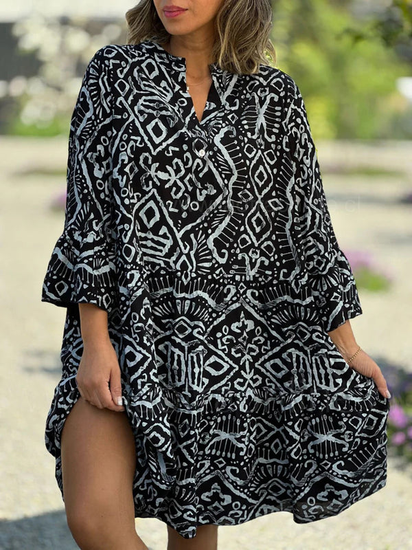 Elegant Printed Flared Sleeves Midi Dress