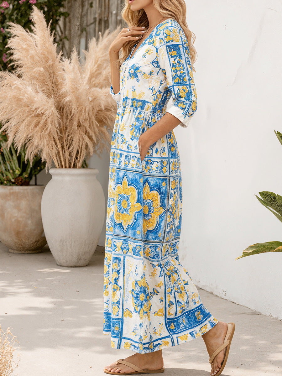 Elegant Printed Long Sleeve Maxi Dress