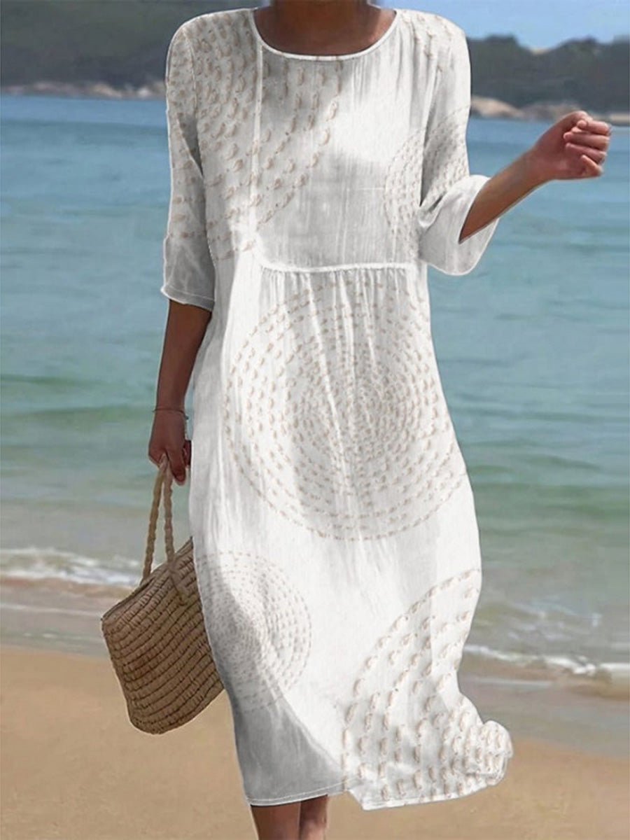 Elegant Round Neck Print Midi Dress