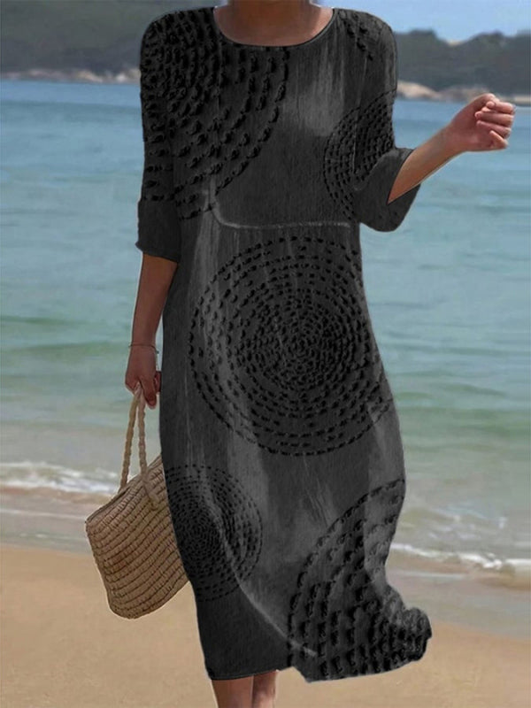 Elegant Round Neck Print Midi Dress