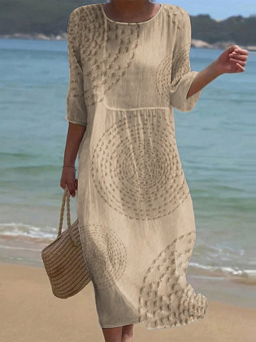 Elegant Round Neck Print Midi Dress