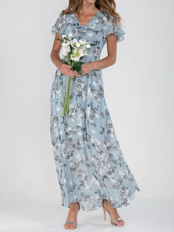 Elegant V-Neck Chiffon Printed Maxi Dress