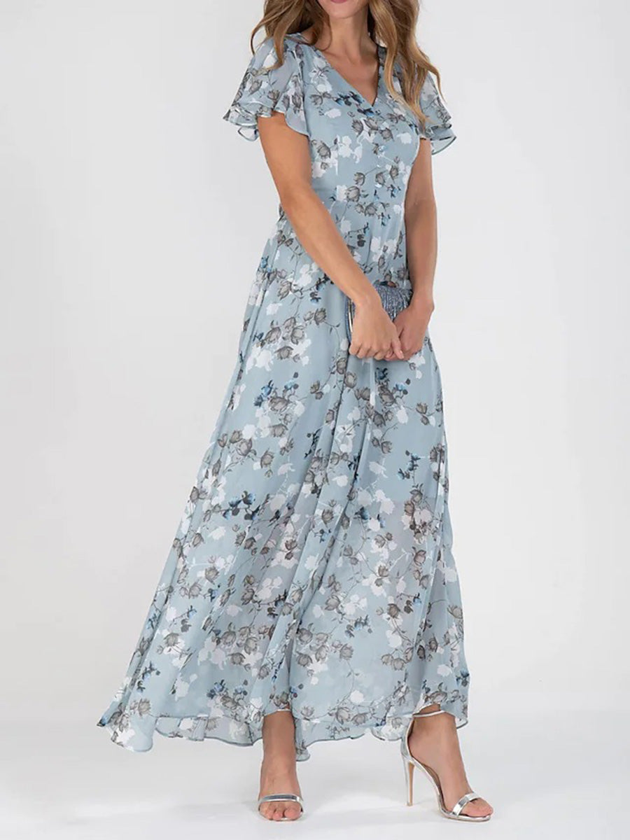 Elegant V-Neck Chiffon Printed Maxi Dress