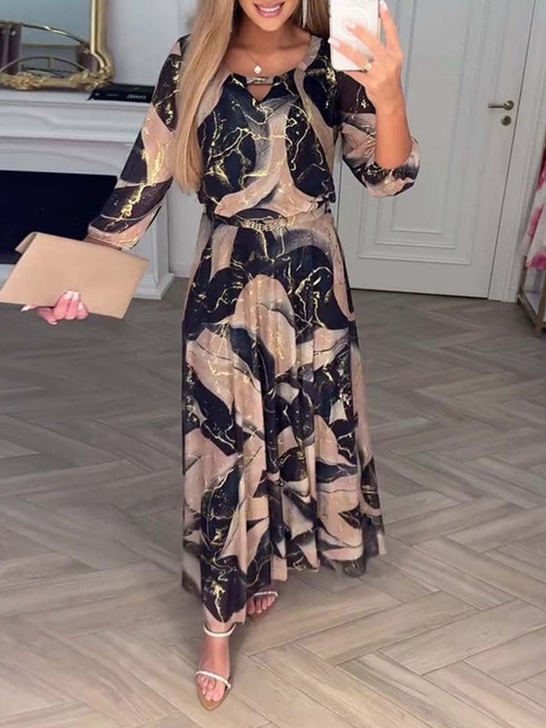 Elegant 3/4 Sleeve Print Maxi Dress