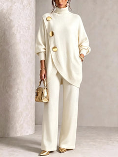 Elegant Asymmetric Button Two-Piece Set