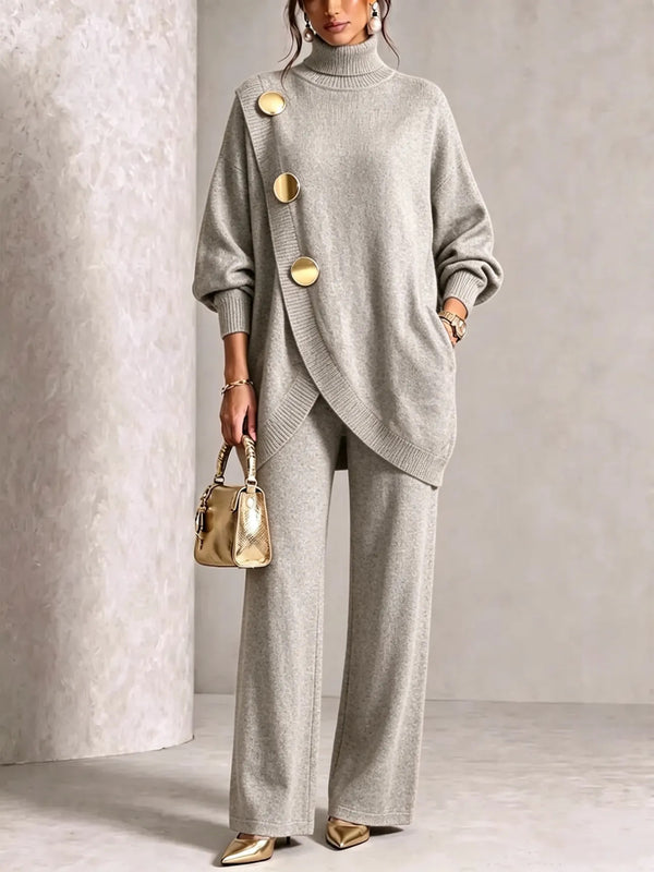 Elegant Asymmetric Button Two-Piece Set