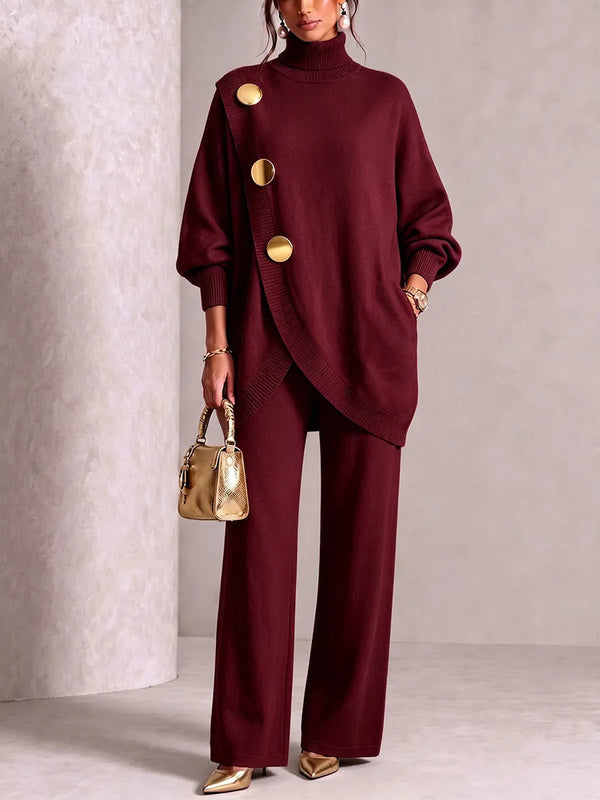 Elegant Asymmetric Button Two-Piece Set