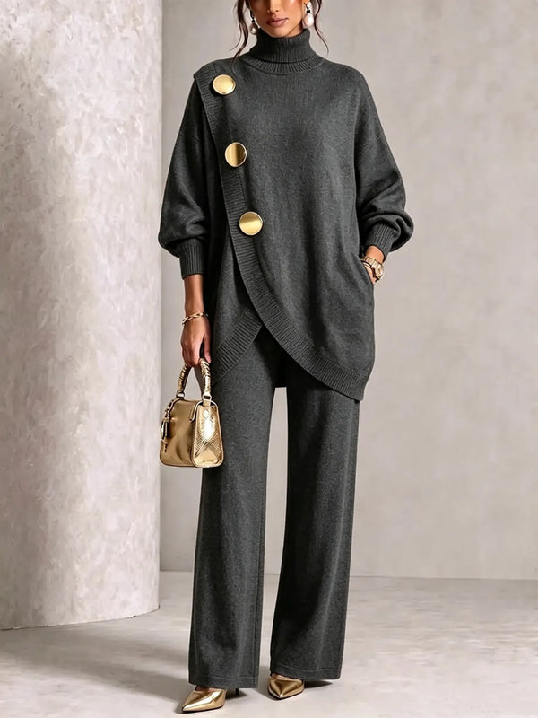 Elegant Asymmetric Button Two-Piece Set