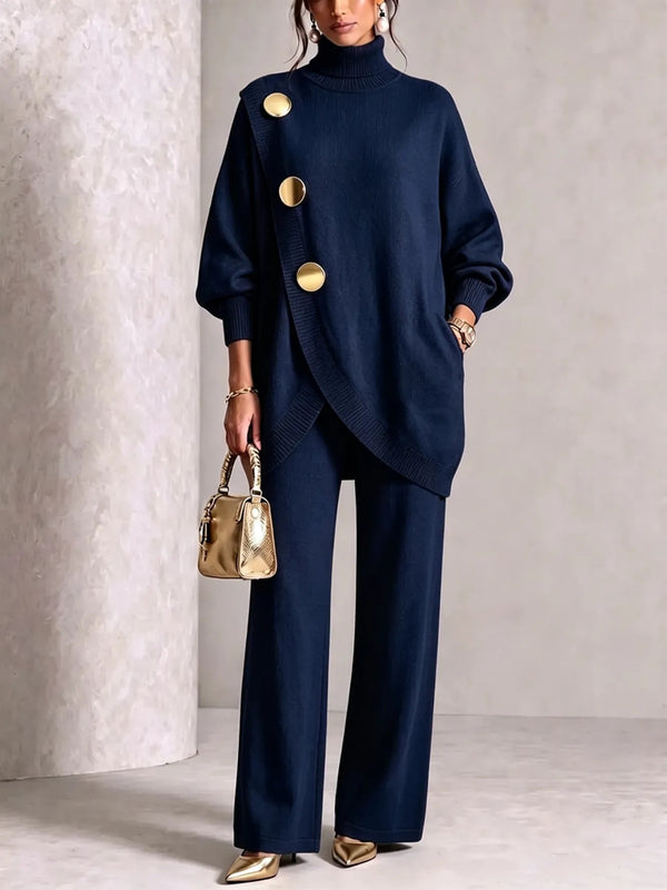 Elegant Asymmetric Button Two-Piece Set