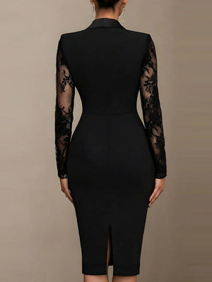 Elegant Black Lace Trim Midi Dress