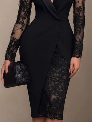 Elegant Black Lace Trim Midi Dress