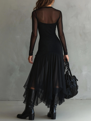 Elegant Black Mesh Panel Maxi Dress