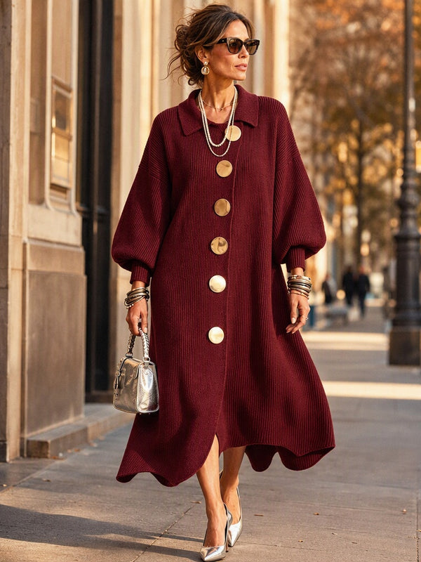 Elegant Button Front Knit Midi Dress
