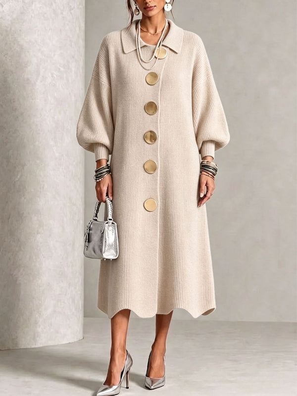 Elegant Button Front Knit Midi Dress