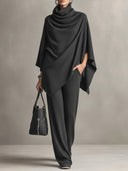 Elegant Cape-Style Top & Wide-Leg Pants Two-Piece Set