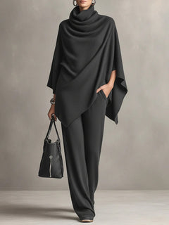 Elegant Cape-Style Top & Wide-Leg Pants Two-Piece Set