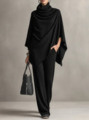 Elegant Cape-Style Top & Wide-Leg Pants Two-Piece Set