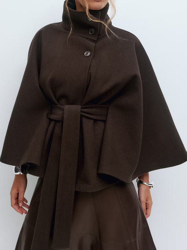 Elegant Cape-Style Waist-Tie Trench Coat