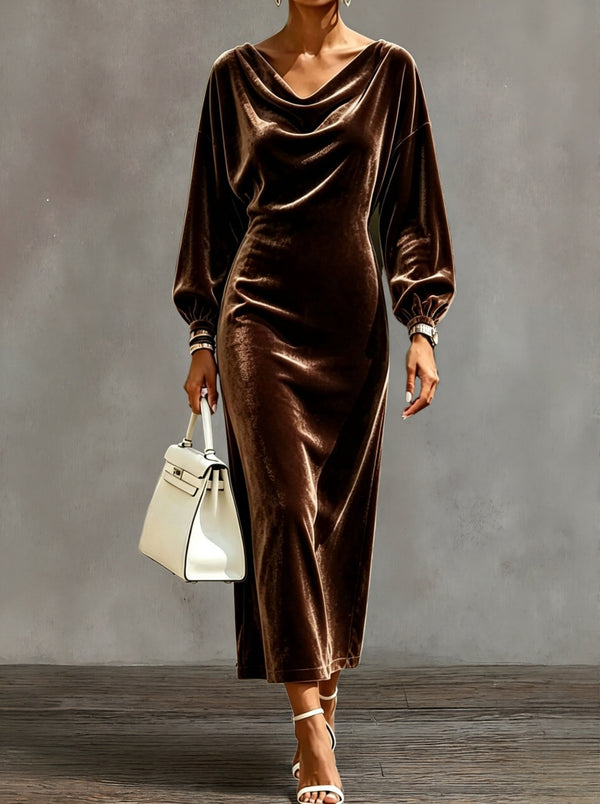 Elegant Cowl Neck Velvet Midi Dress
