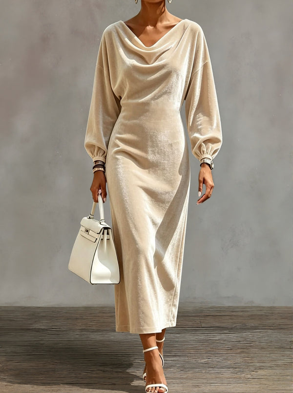 Elegant Cowl Neck Velvet Midi Dress
