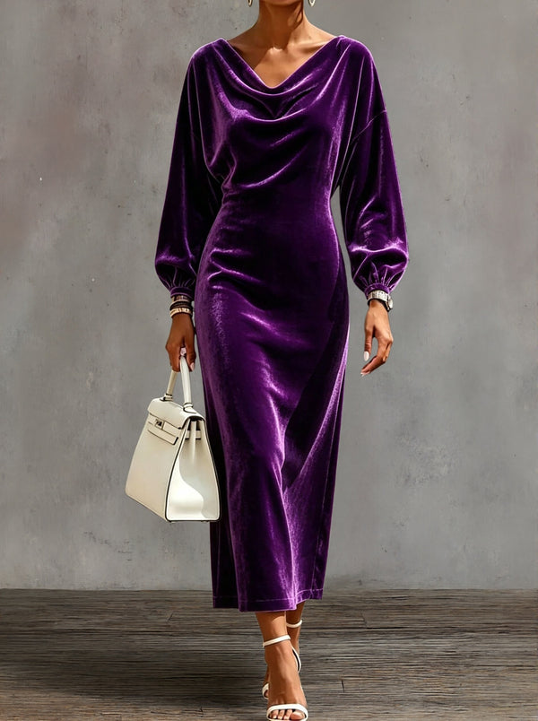 Elegant Cowl Neck Velvet Midi Dress