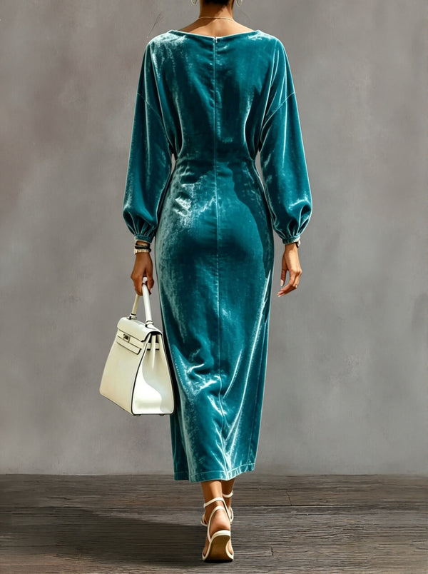 Elegant Cowl Neck Velvet Midi Dress