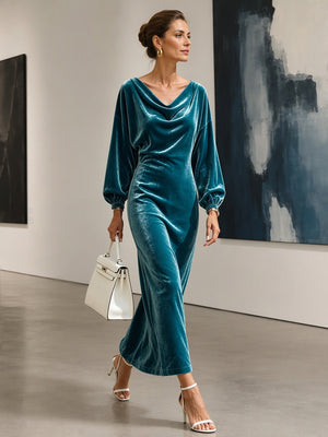 Elegant Cowl Neck Velvet Midi Dress