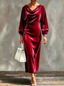 Elegant Cowl Neck Velvet Midi Dress