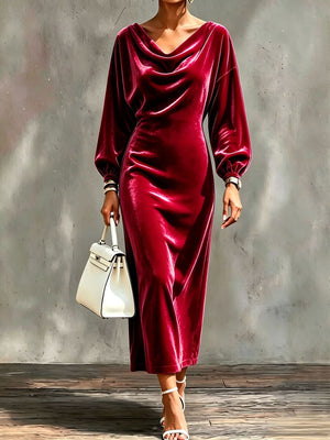 Elegant Cowl Neck Velvet Midi Dress