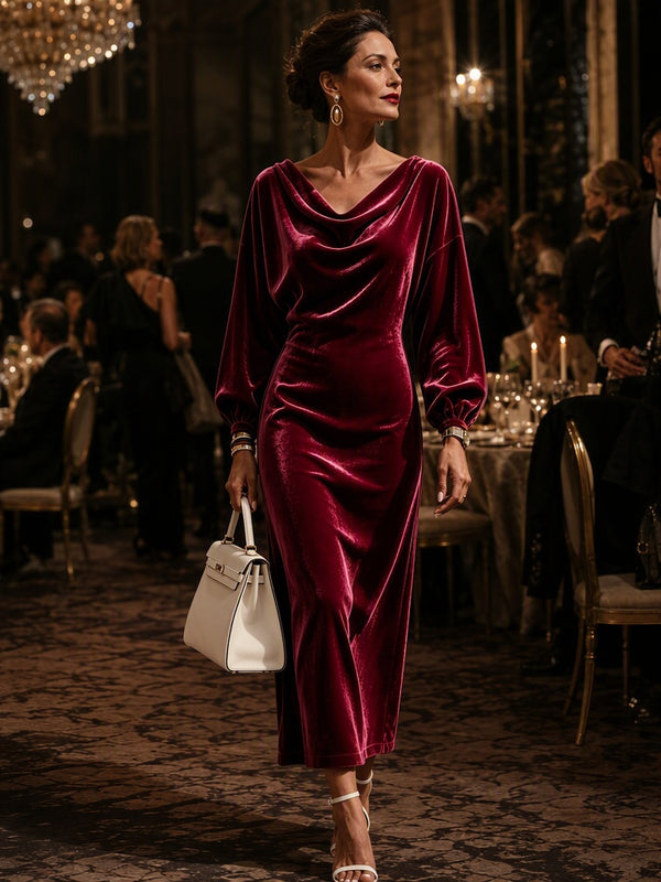 Elegant Cowl Neck Velvet Midi Dress