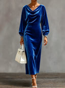 Elegant Cowl Neck Velvet Midi Dress