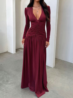 Robe élégante à manches longues et décolleté en V profond