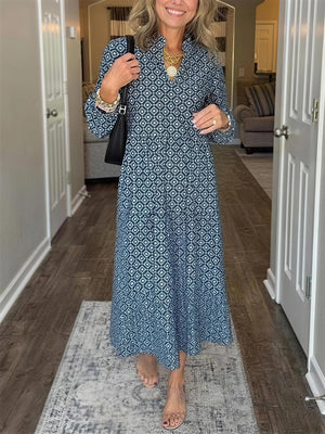 Elegant Diamond Print V-Neck Maxi Dress