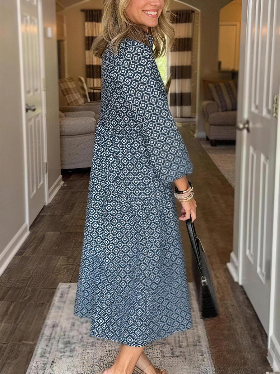 Elegant Diamond Print V-Neck Maxi Dress