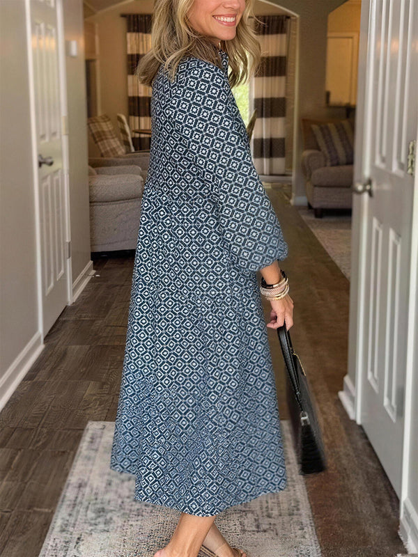 Elegant Diamond Print V-Neck Maxi Dress
