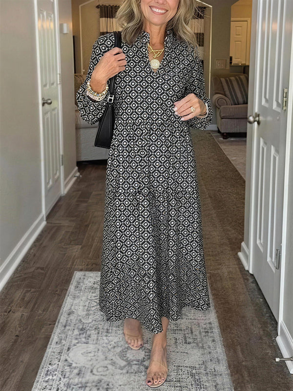 Elegant Diamond Print V-Neck Maxi Dress