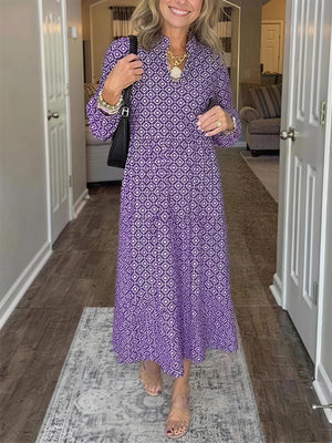 Elegant Diamond Print V-Neck Maxi Dress