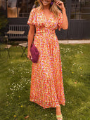 Elegant Floral-Print Cinched-Waist V-Neck Dress