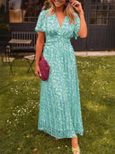 Elegant Floral-Print Cinched-Waist V-Neck Dress