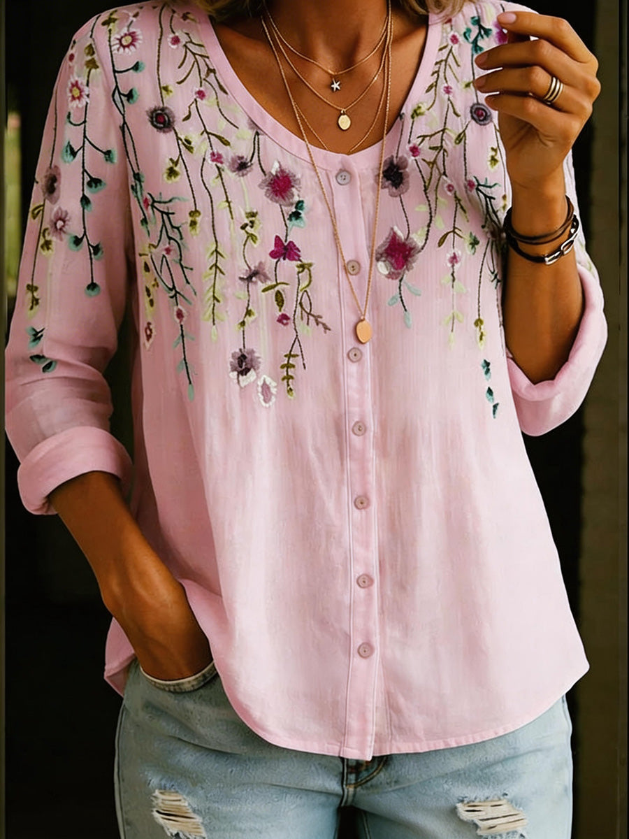 Elegant Floral Print Button-Up Blouse