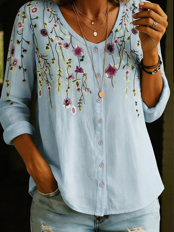 Elegant Floral Print Button-Up Blouse