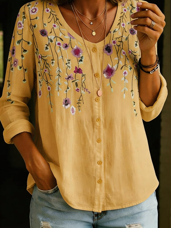 Elegant Floral Print Button-Up Blouse