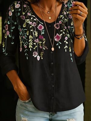 Elegant Floral Print Button-Up Blouse