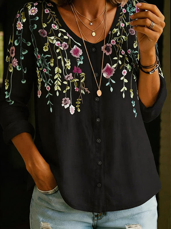 Elegant Floral Print Button-Up Blouse