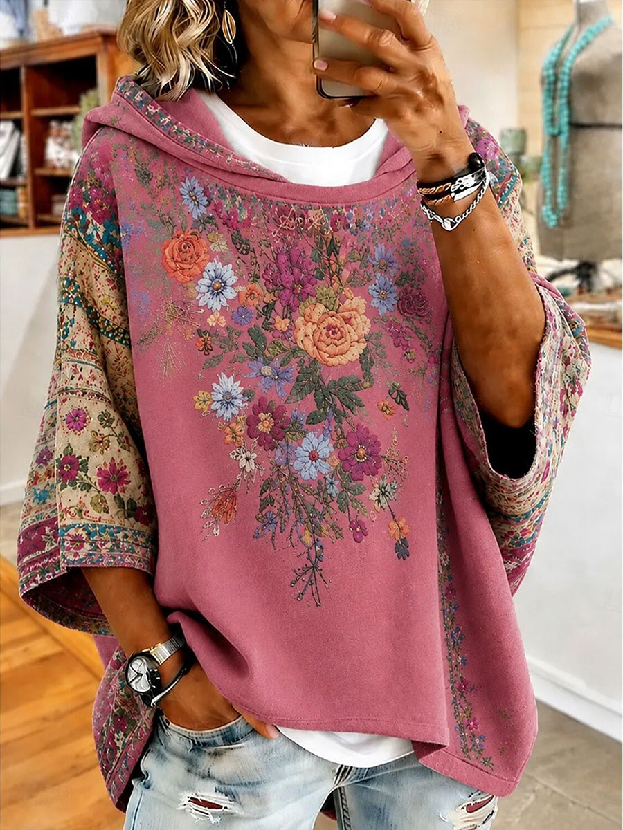 Elegant Floral Print Hooded 3/4 Sleeve Sweatshirt