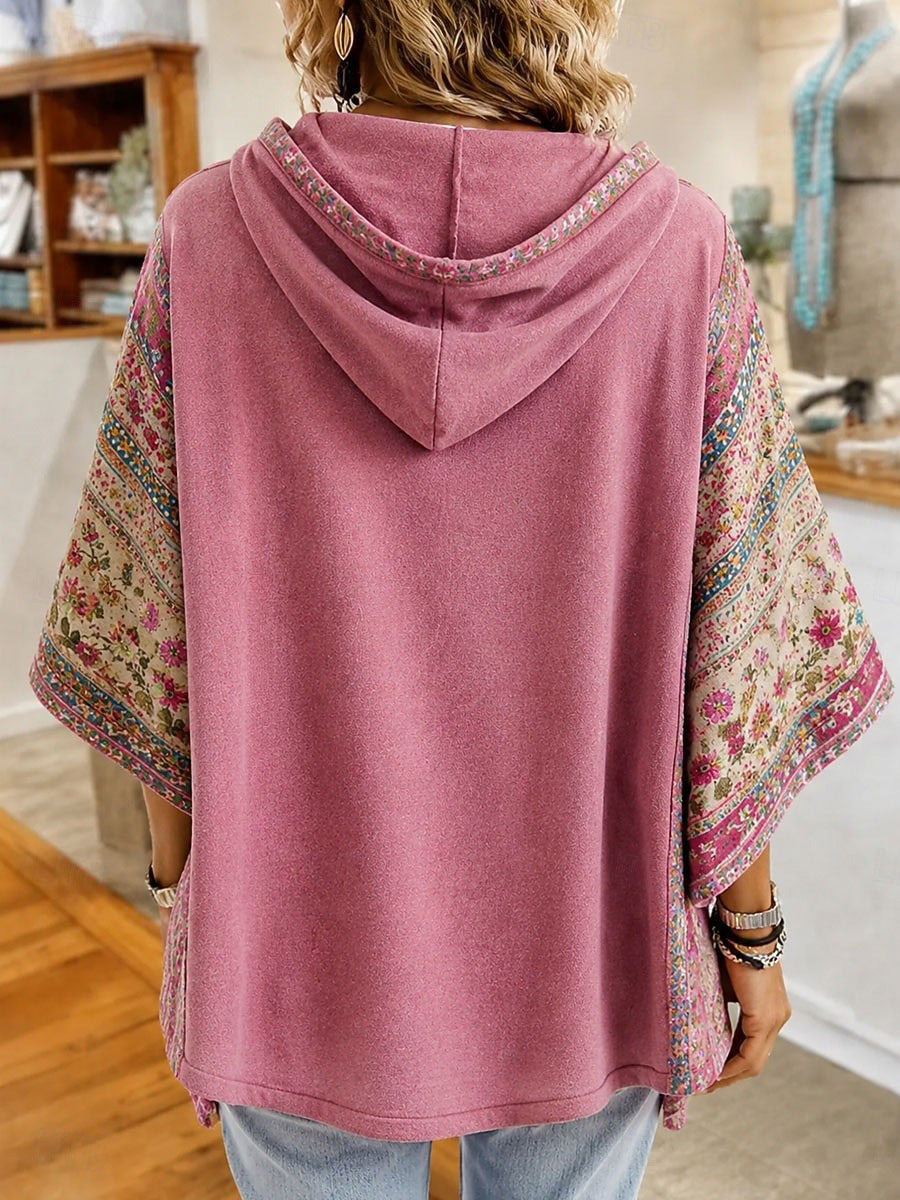 Elegant Floral Print Hooded 3/4 Sleeve Sweatshirt
