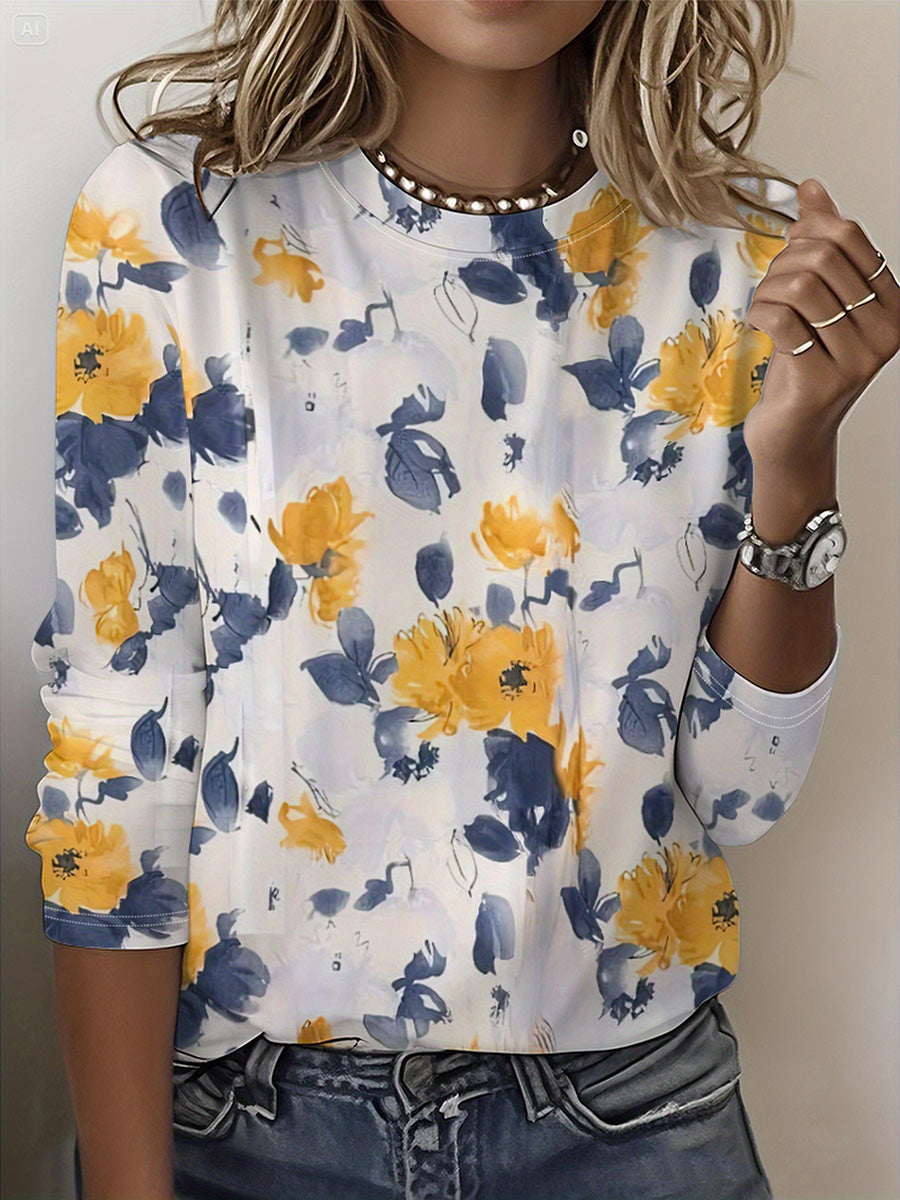 Elegant Floral Print Round Neck Long Sleeve Top