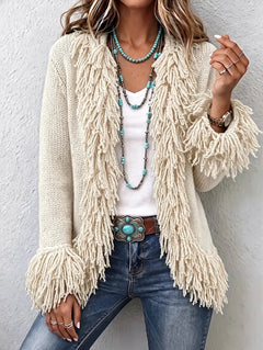 Elegant Fringe Trim Fitted Knit Cardigan
