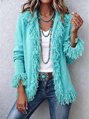 Elegant Fringe Trim Fitted Knit Cardigan