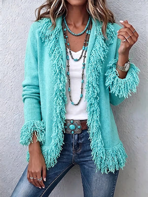 Elegant Fringe Trim Fitted Knit Cardigan